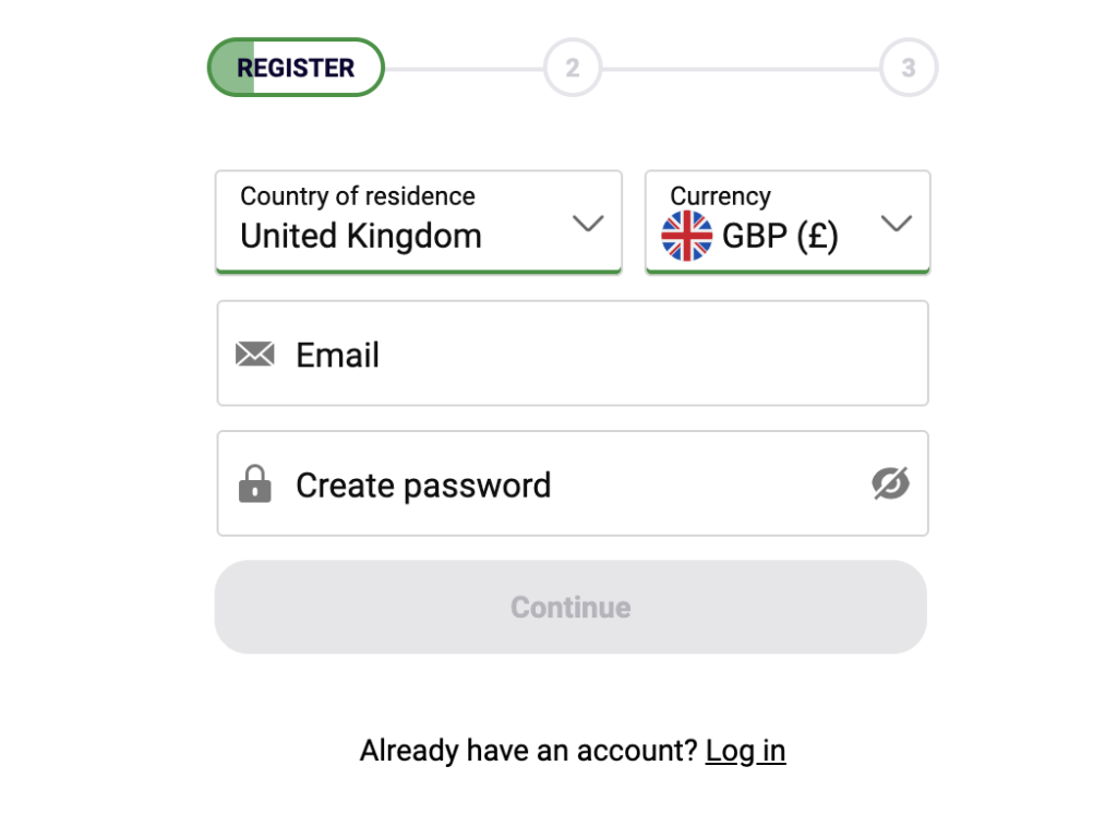 Step 1 of Party Casino registration guide.