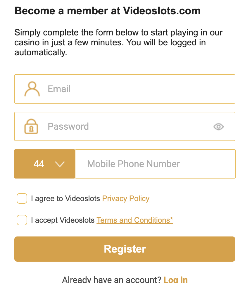 Step 1 of Video Slots Casino registration steps