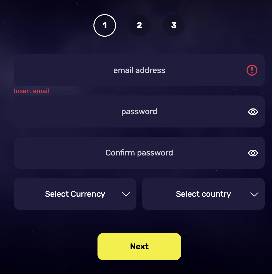 Step 1 of Hyper Casino registration
