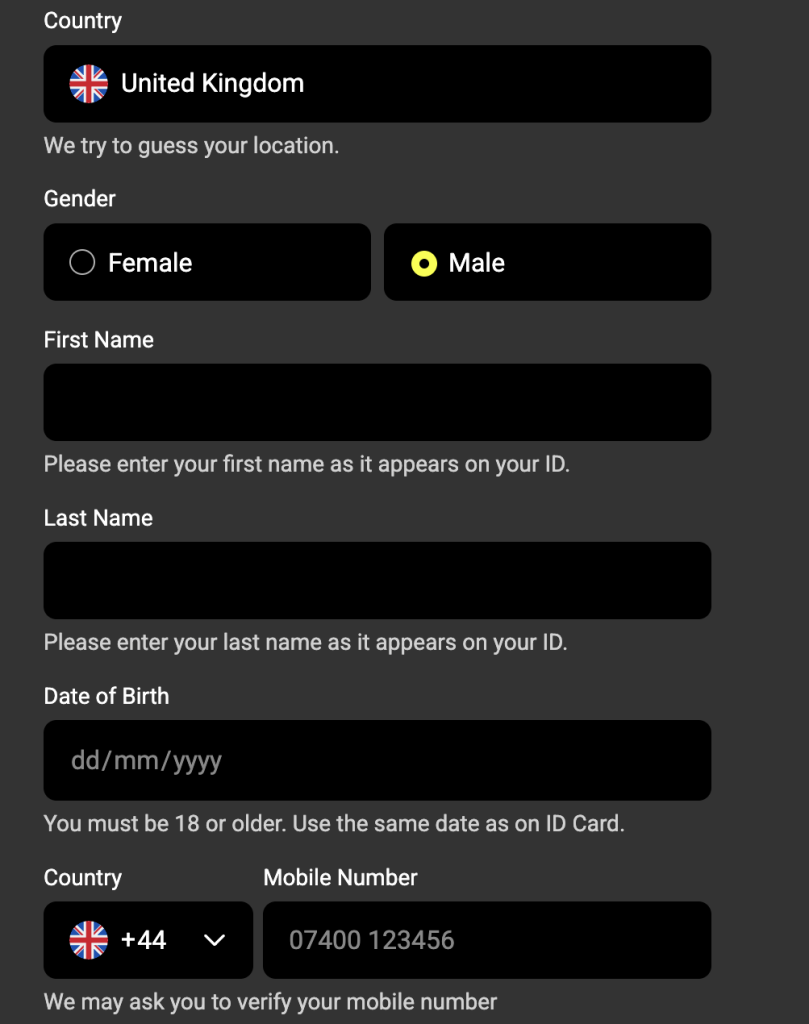 Step 1 of Parimatch Casino registration