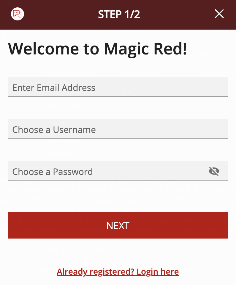 Step 1 of Magic Red Casino registration