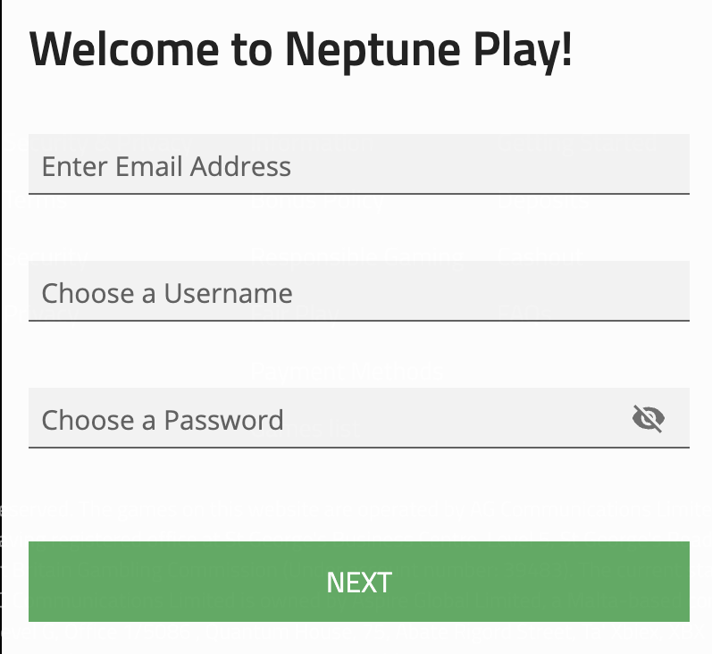 Step 1 of Neptune Play Casino registration