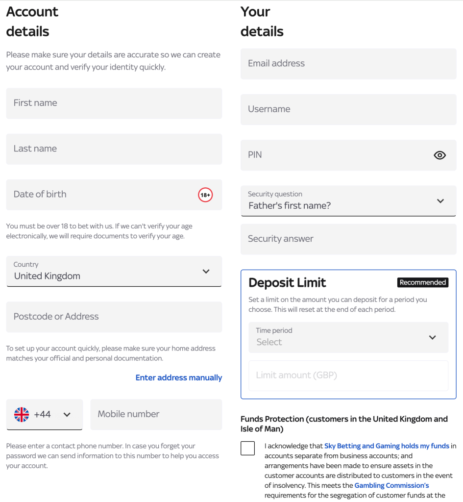 Step 1 of Sky Vegas Casino registration steps 