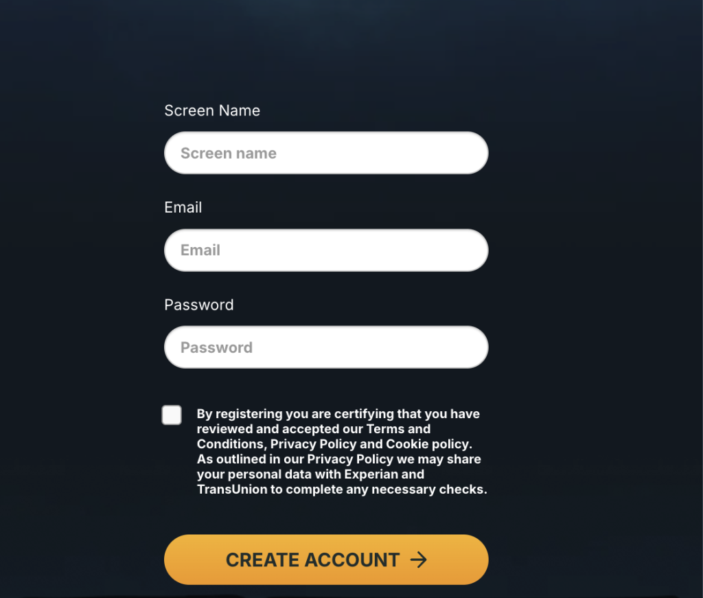 Step 1 of Slot Temple Casino registration 