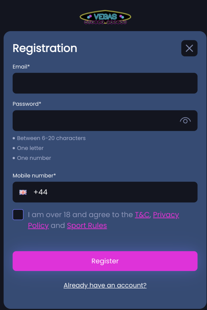 Step 1 of Vegas Mobile Casino registration