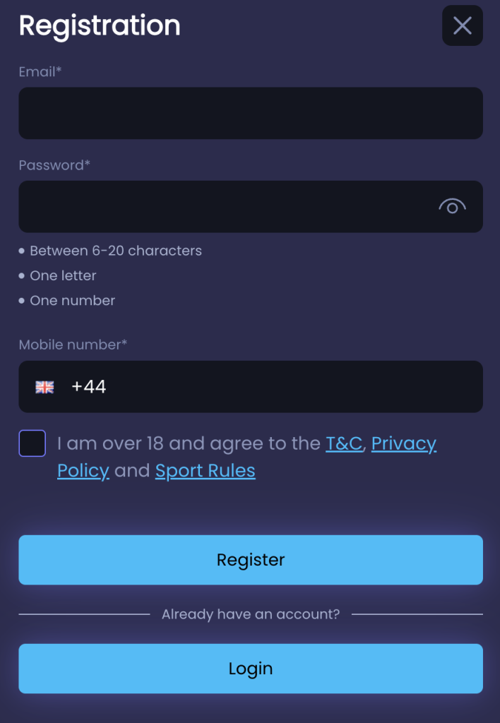 Step 1 of Blue Fox Casino registration 