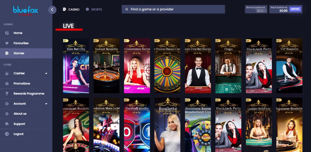 Blue Fox Casino game selection