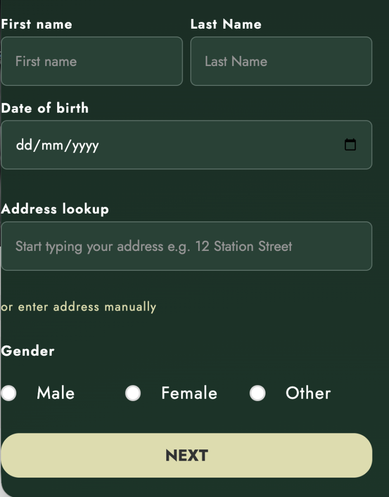 Step 1 of Mr Green Casino registration