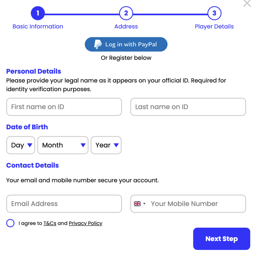 Step 1 of Spin Hill Casino registration