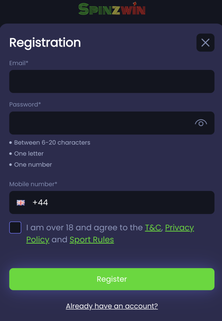 SpinzWin Casino registration