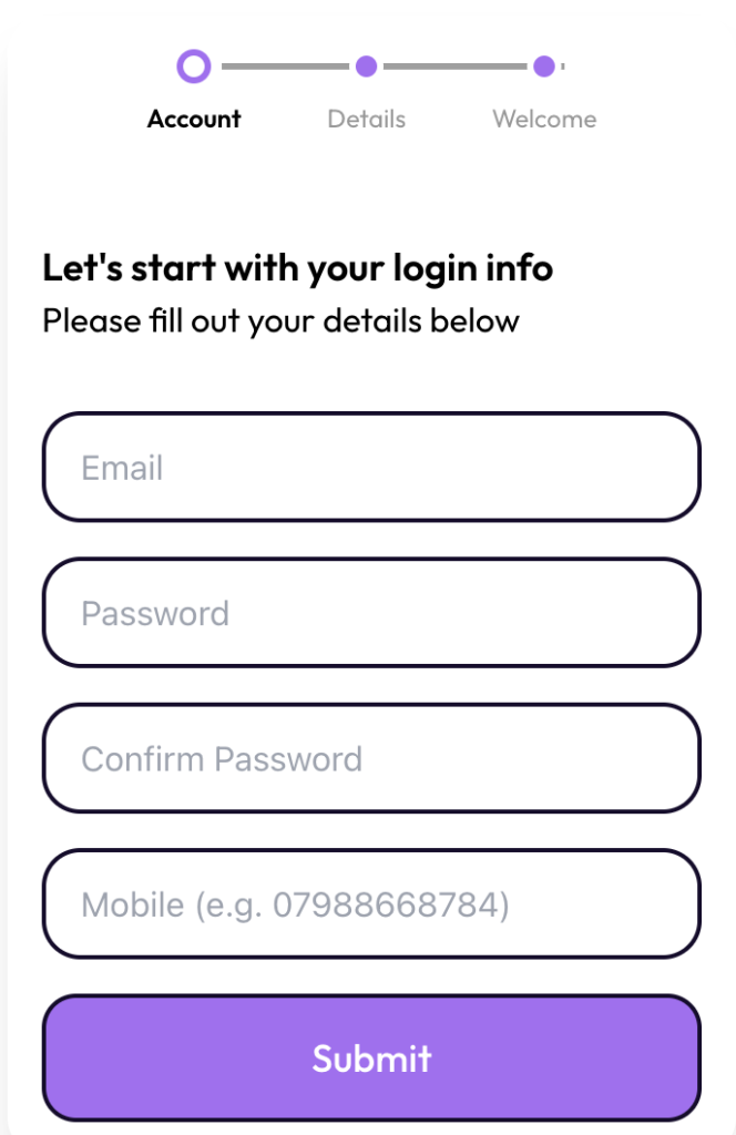 Step 1 of Cosmic Spins Casino registration steps