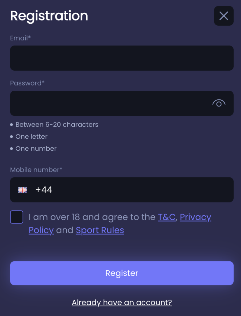 Step 1 of Fruity Kings Casino registration