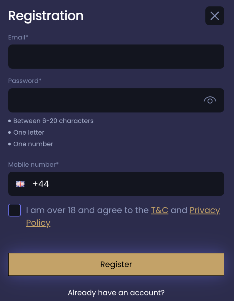 Step 1 of Sparkle Slots Casino registration 