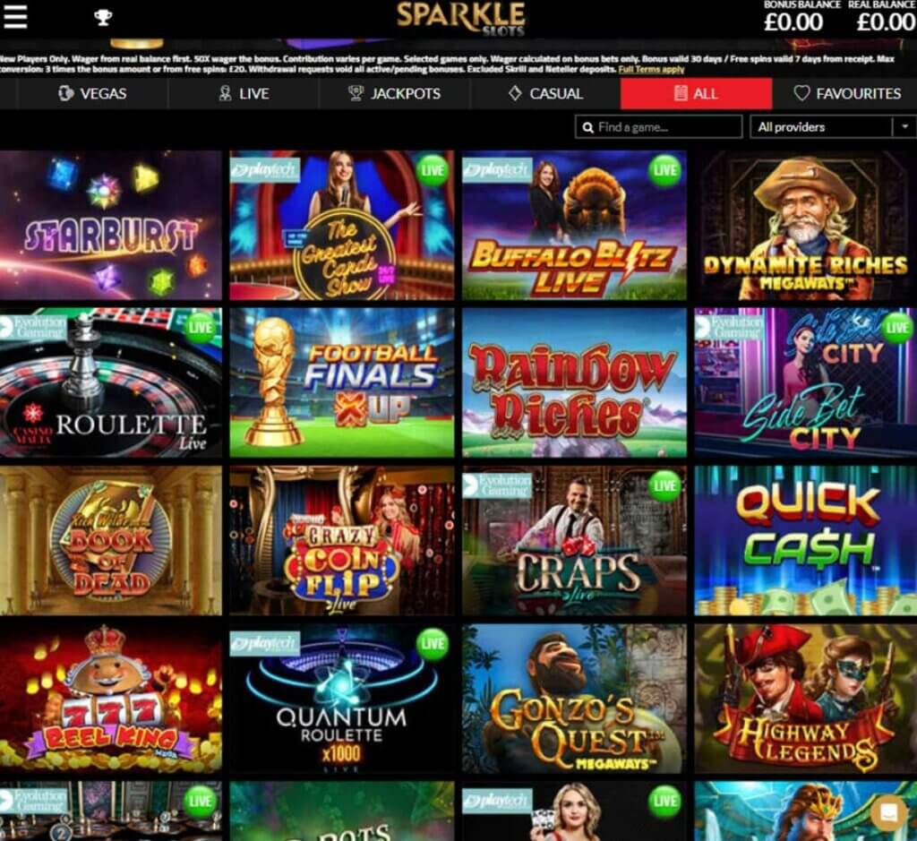 Sparkle Slots Casino game selection 