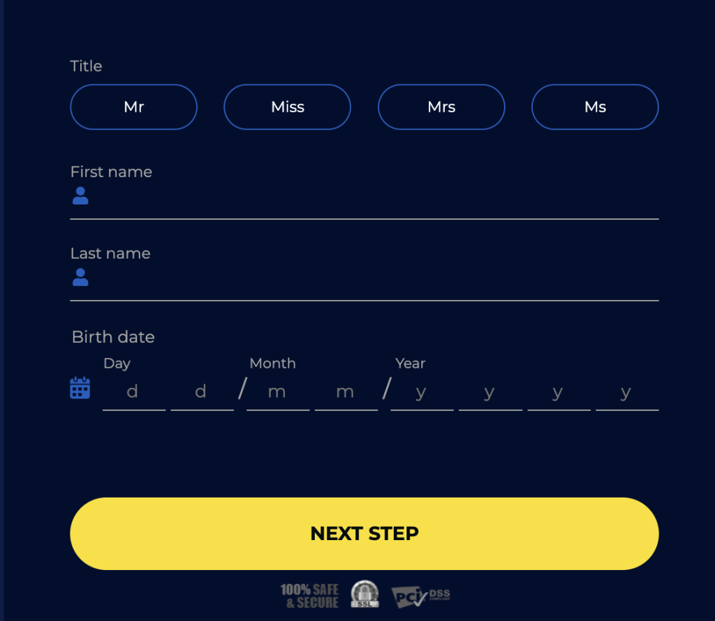 Step 1 of Winomania Casino registration