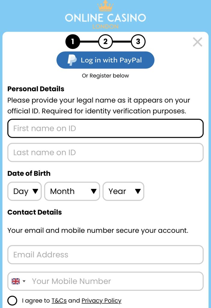 Step 1 of Online Casino London registration 