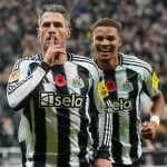 Image ID: 3D1WX5P Newcastle United's Fabian Schar (left) celebrates scoring their side's first goal of the game during the Carabao Cup fourth round match at St James' Park, Newcastle. Picture date: Wednesday October 29, 2025.
