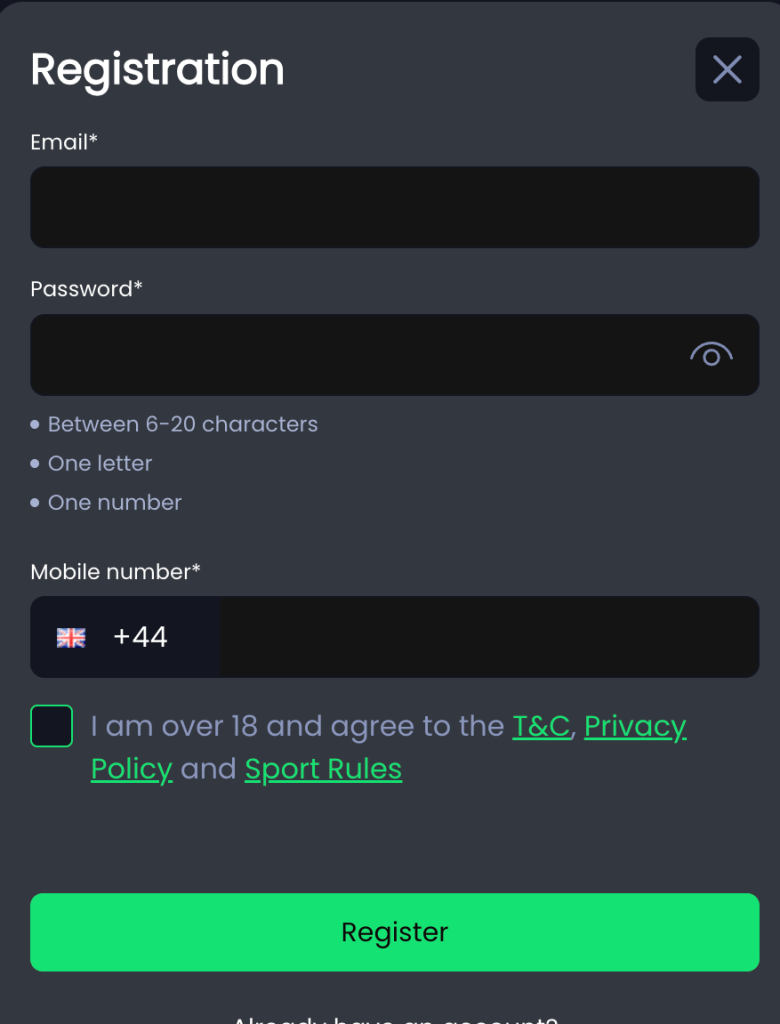 Step 1 of Casino King registration steps 