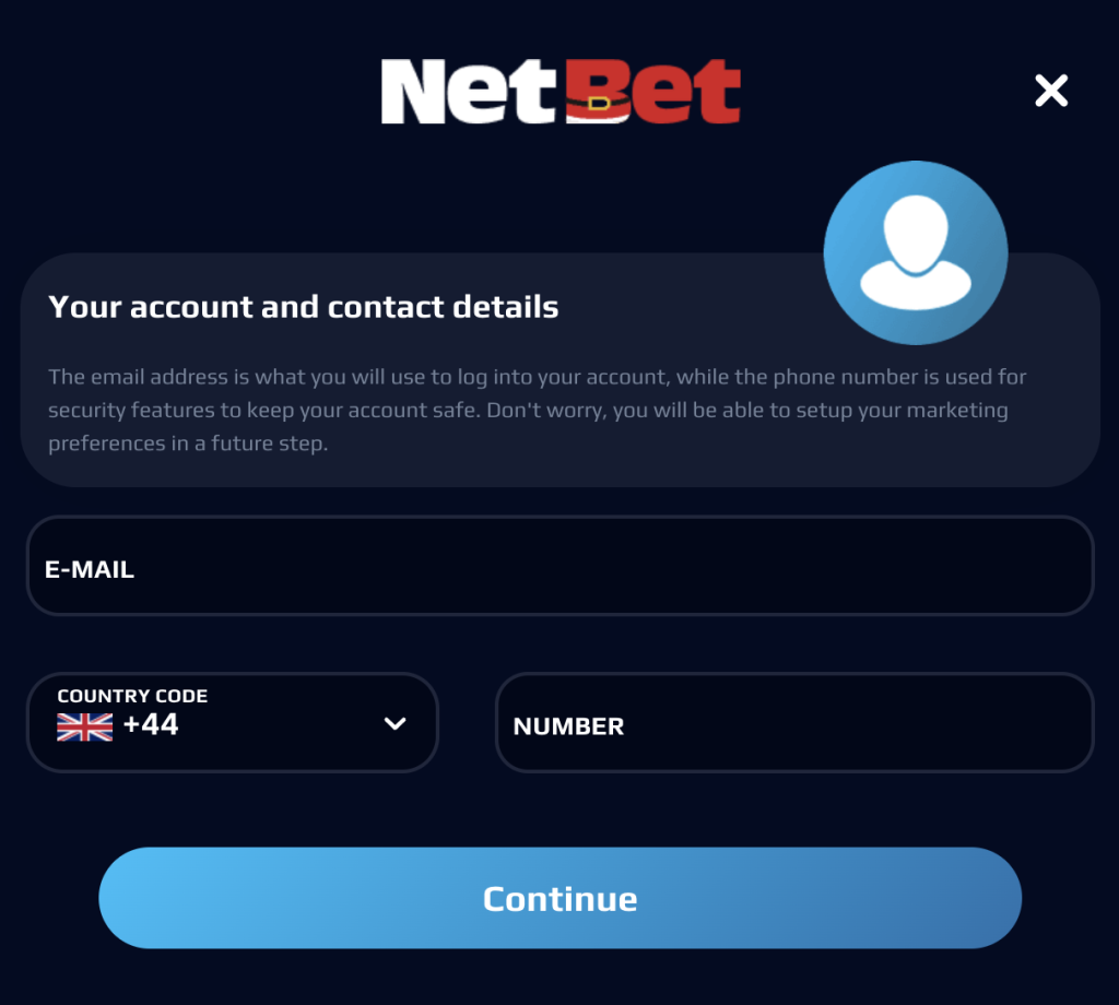 Step 1 of Net Bet casino registration 
