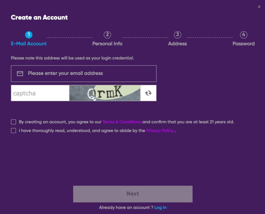 Play971 account registration screen showing step one of four. Users are prompted to enter an email address, complete a CAPTCHA, and agree to the Terms & Conditions and Privacy Policy before continuing.
