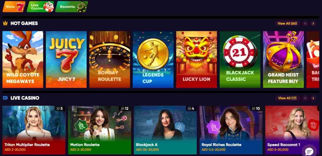 Play971 casino lobby showing hot games and live casino sections, including slot titles, roulette, blackjack, and live dealer tables with displayed betting limits.
