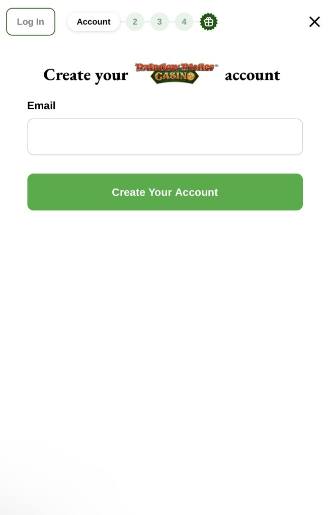 Step 1 of Rainbow Riches Casino registration 