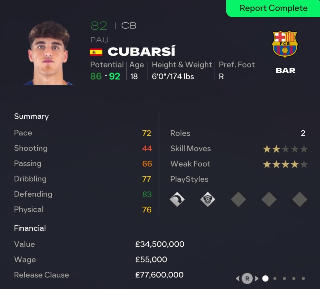 EAFC 26 Career Mode centre-backs: Pau Cubarsi