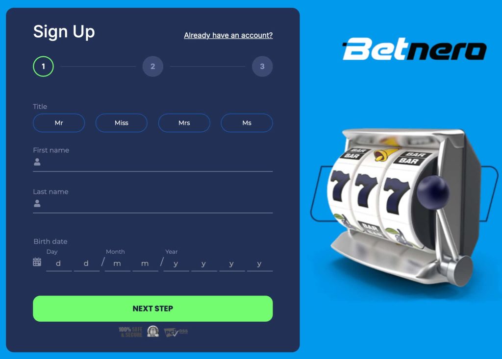 Betnero sign-up page – Step 1 registration form showing fields for title, first name, last name, date of birth, and a green “Next Step” button, with a slot machine graphic on the right.