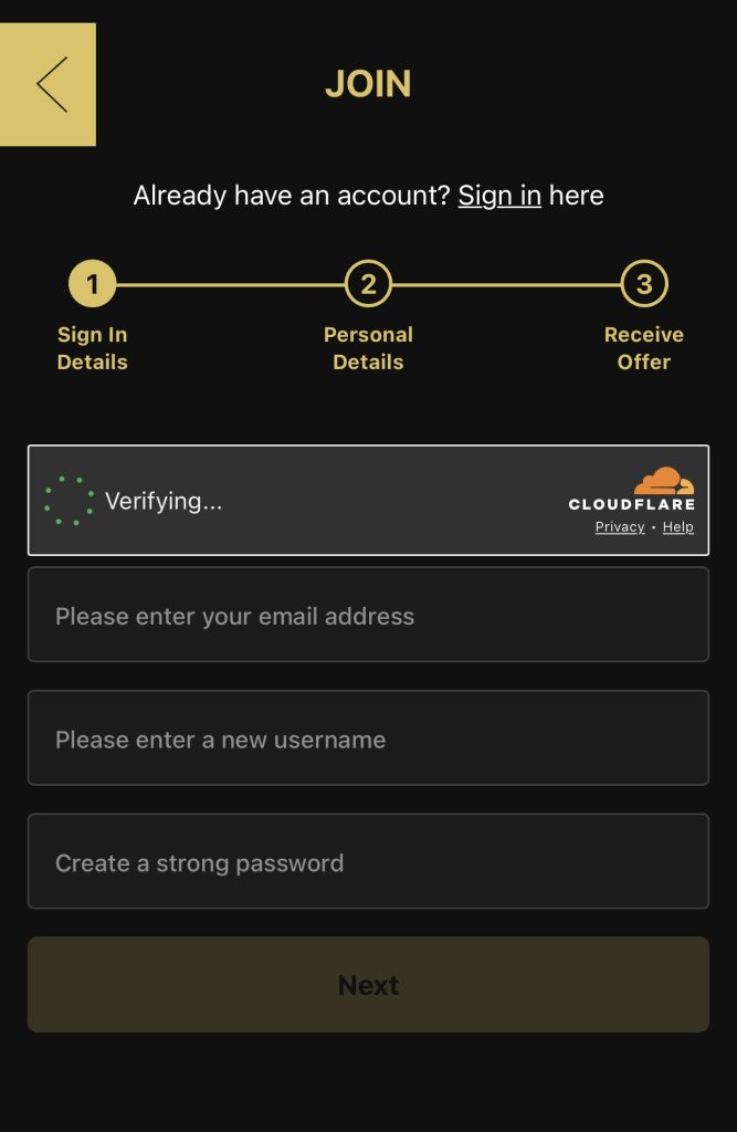 Step 1 of Regal Wins Casino registration steps 