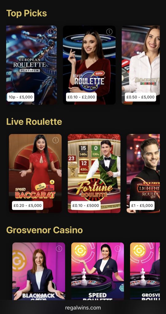 Regal Wins Casino game selection 