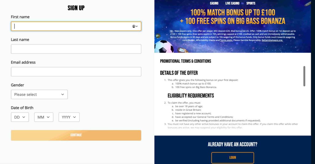 Sign up page showing fields for first name, last name, email address, gender selection, date of birth, and a “Continue” button, alongside a promotional banner offering a 100% match bonus up to £100 plus 100 free spins.