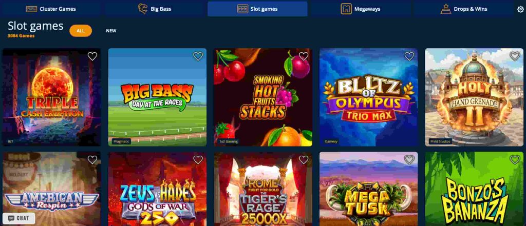 Slot games lobby page displaying category tabs (Cluster Games, Big Bass, Slot Games, Megaways, Drops & Wins) and a grid of game titles including Triple Cash Eruption, Big Bass Day at the Races, Smoking Hot Fruits Stacks, Blitz of Olympus Trio Max, Holy Hand Grenade II, Zeus vs Hades Gods of War 2500, Rome Fight for Gold Tiger’s Rage 2500X, Mega Tusk, and Bonzo’s Bananza.