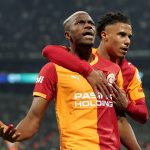 Galatasaray striker Victor Osimhen celebrates scoring against Besiktas with teammate Ismail Jakobs in the Turkish Super Lig