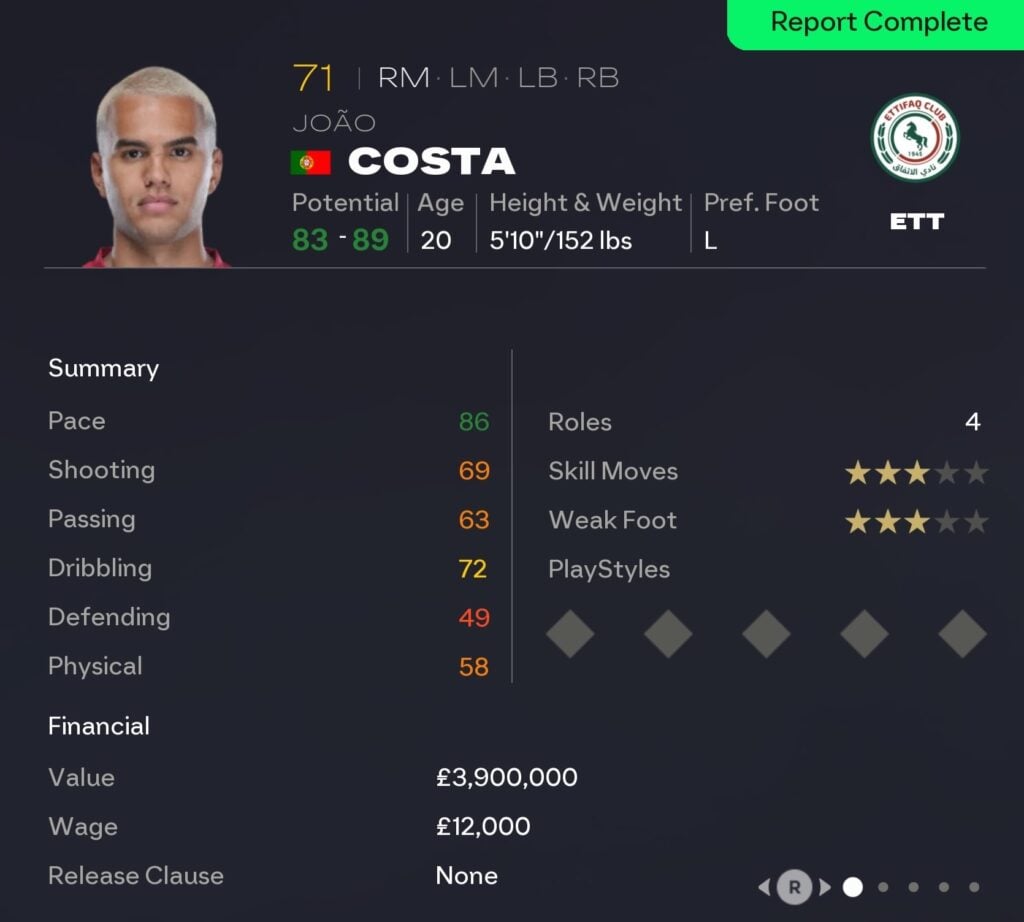 EAFC 26 Career Mode wingers: Joao Costa