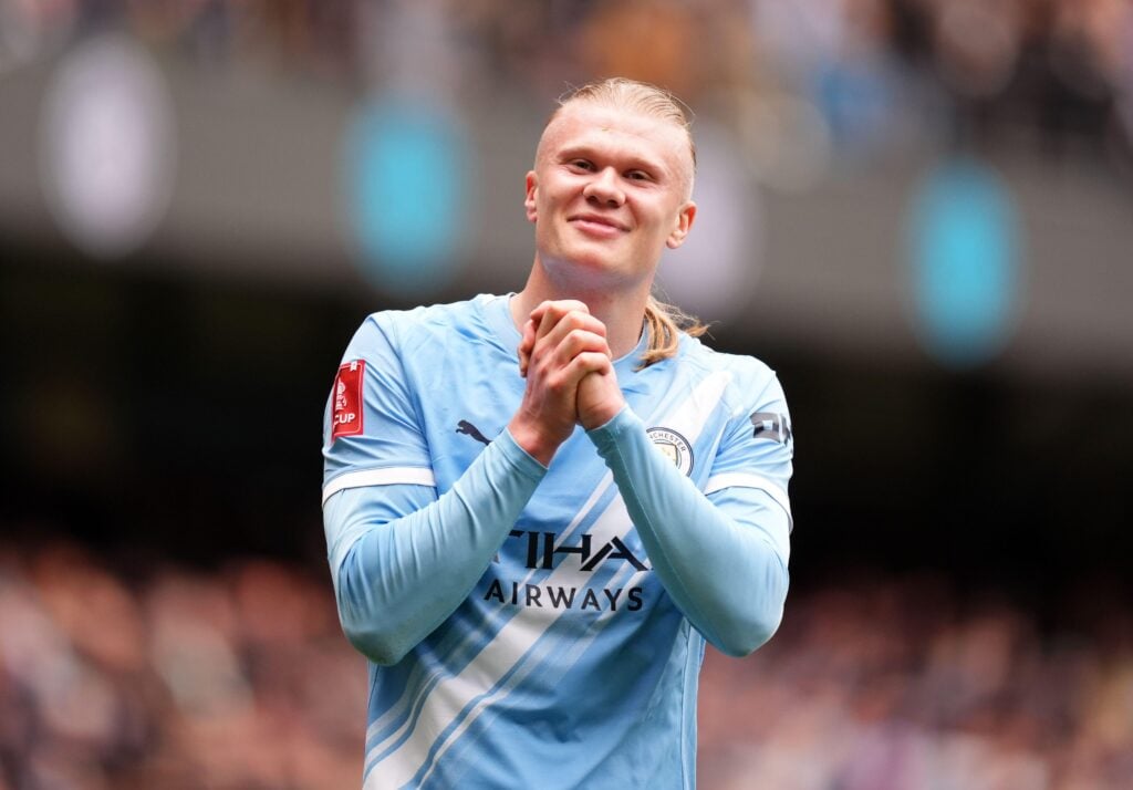 Man City striker Erling Haaland celebrates