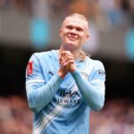 Man City striker Erling Haaland celebrates