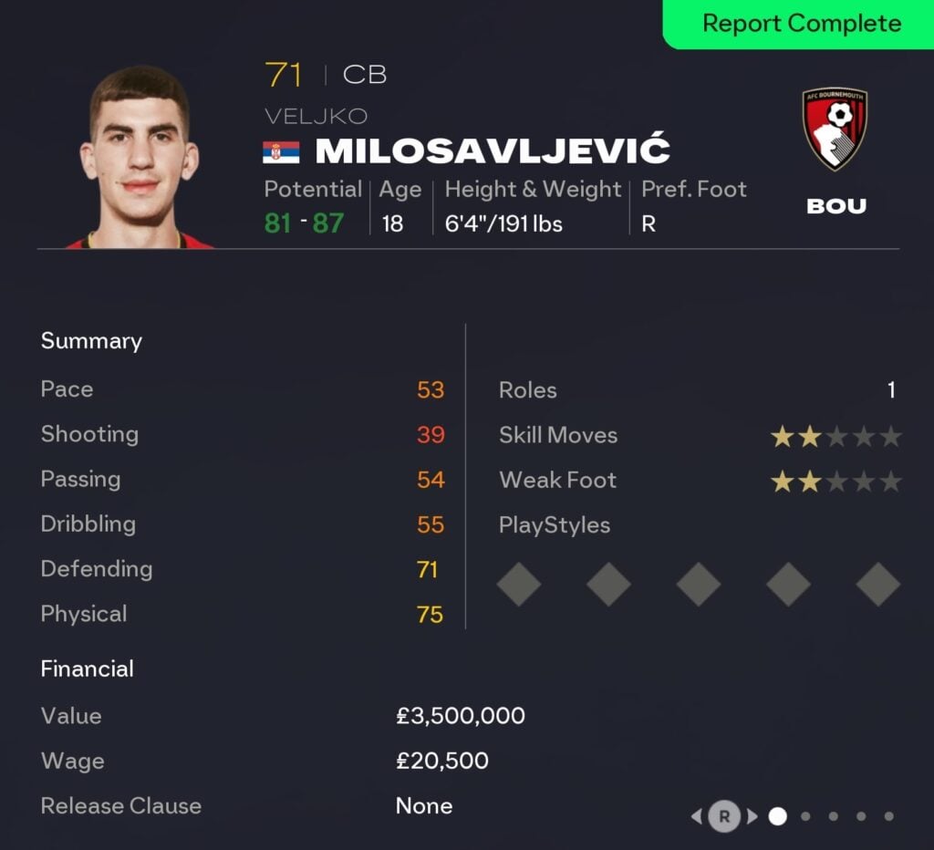 EAFC 26 Career Mode centre-backs: Veljko Milosavljevic