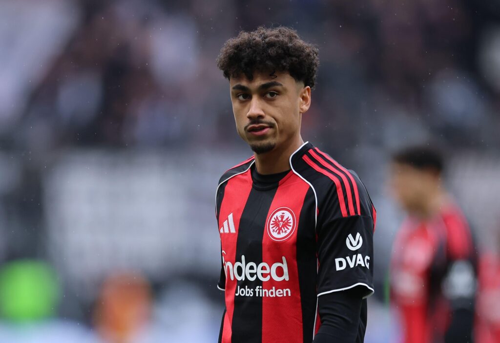 Eintracht Frankfurt left-back Nathaniel Brown looks on