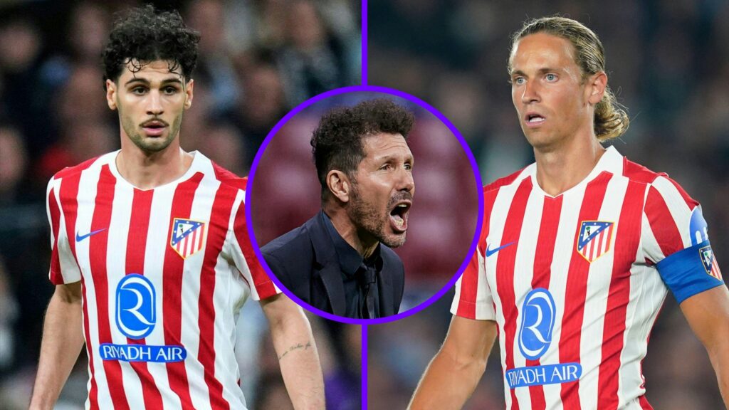 Johnny Cardoso (L), Diego Simeone (C) and Marcos Llorente (R) of Atletico Madrid