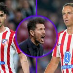 Johnny Cardoso (L), Diego Simeone (C) and Marcos Llorente (R) of Atletico Madrid