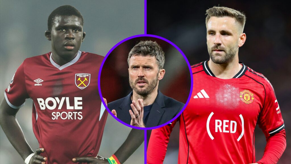 West Ham left-back El Hadji Malick Diouf (L), Man Utd manager Michael Carrick (C) and Man Utd left-back Luke Shaw (R)
