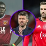 West Ham left-back El Hadji Malick Diouf (L), Man Utd manager Michael Carrick (C) and Man Utd left-back Luke Shaw (R)