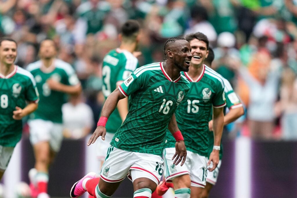 Mexico forward Julian Quinones celebrates scoring against South Africa