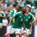 Mexico forward Julian Quinones celebrates scoring against South Africa