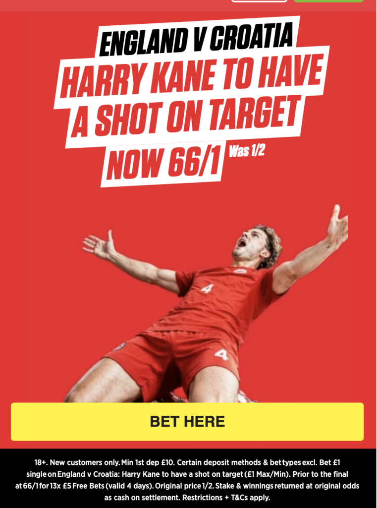 Ladbrokes World Cup Offer: 66/1 Harry Kane Shot On Target vs Croatia Tonight