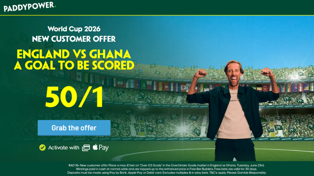 Paddy Power England Offer: 50/1 For a Goal To Be Scored vs Ghana