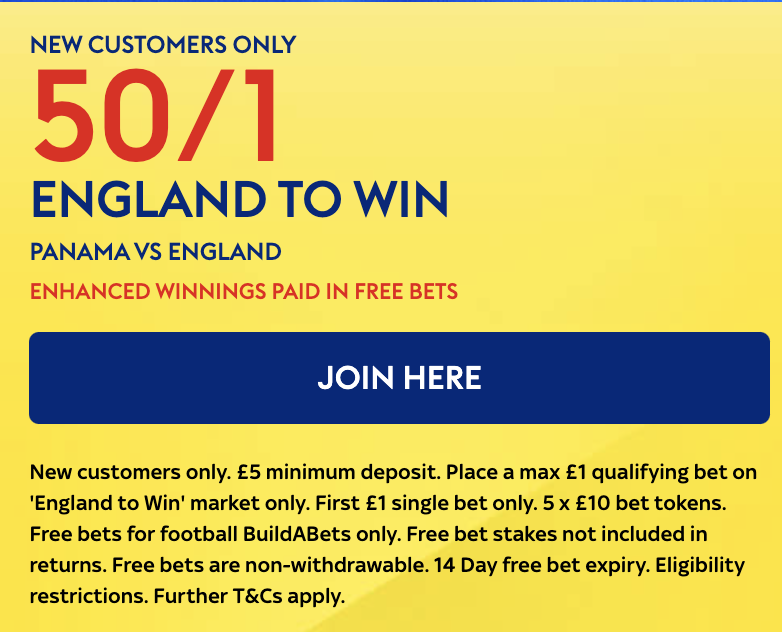 Sky Bet England Offer: Get 50/1 for England To Win vs Panama