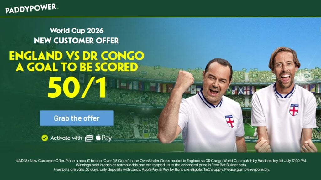 Paddy Power England Offer: 50/1 for a goal to be scored vs DR Congo