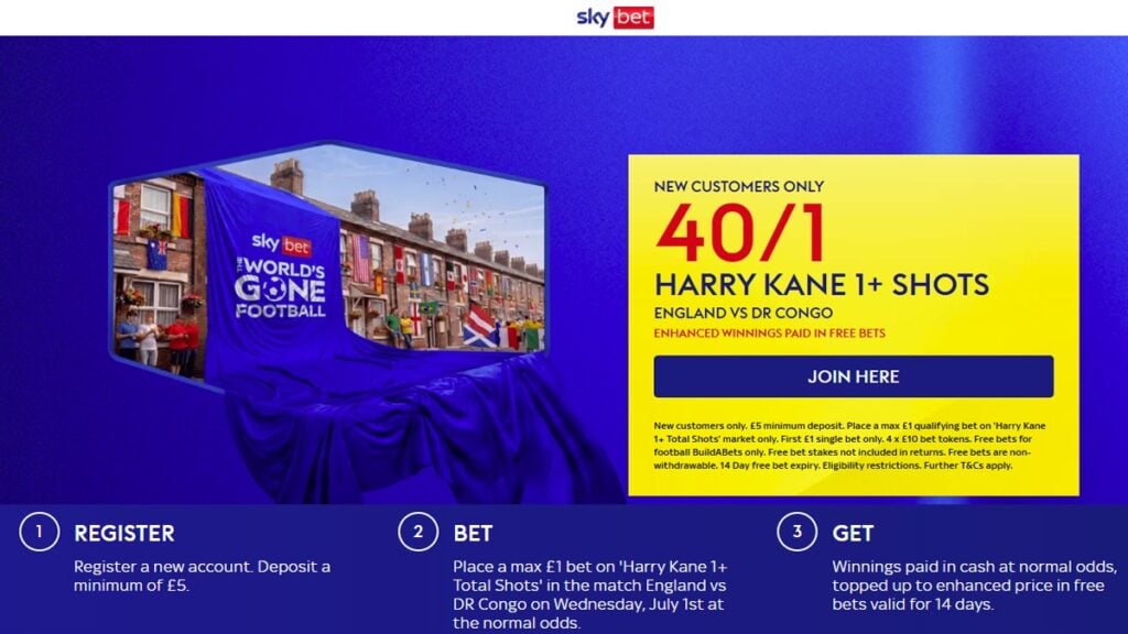 Sky Bet England Offer: 40/1 Kane 1+ shot vs DR Congo
