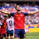 Mikel Merino celebrates scoring for Spain in their 2026 World Cup win over Belgium